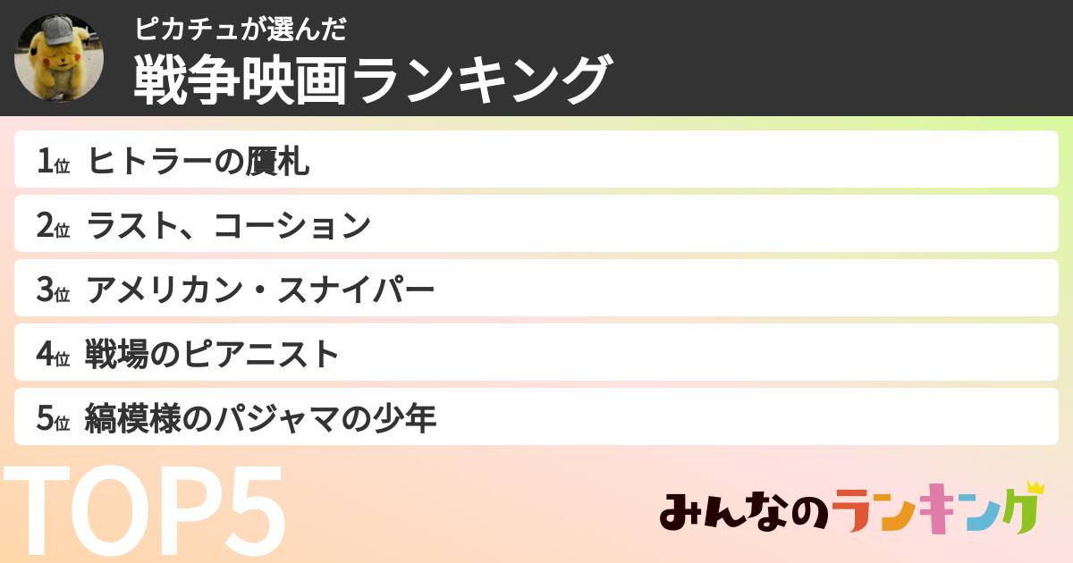 ピカチュさんの「戦争映画ランキング」