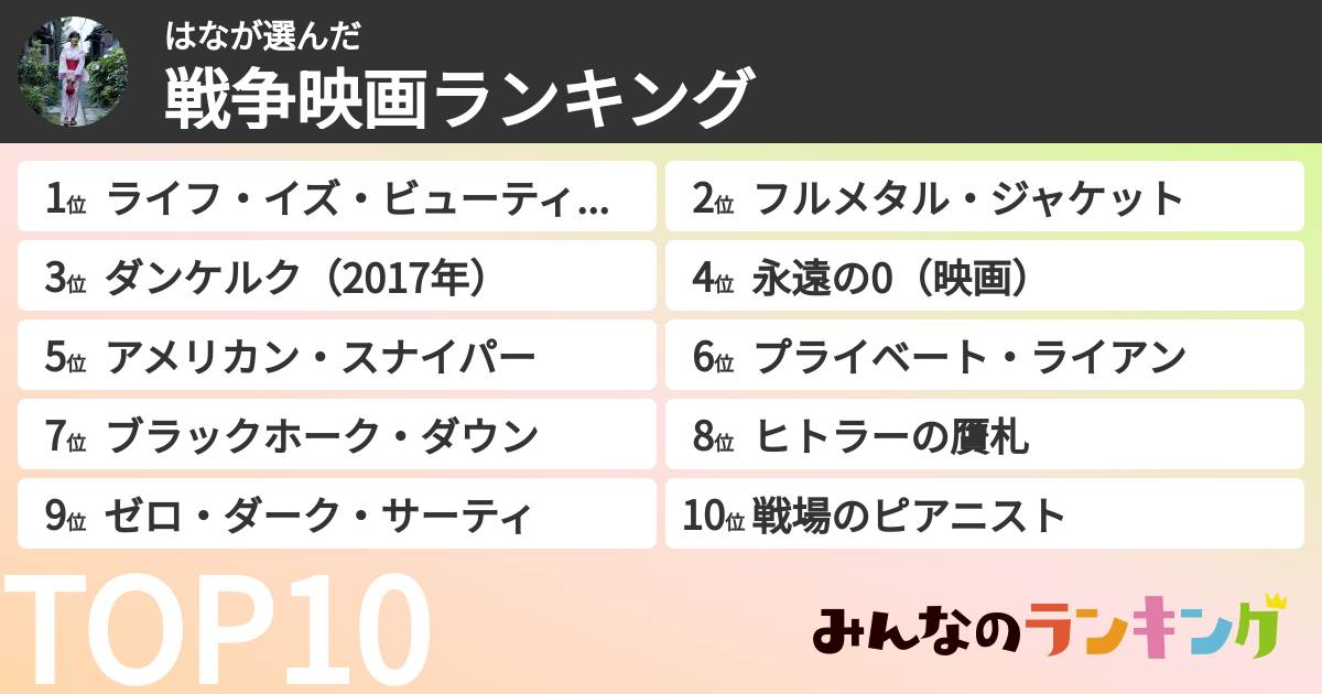 はなさんの「戦争映画ランキング」