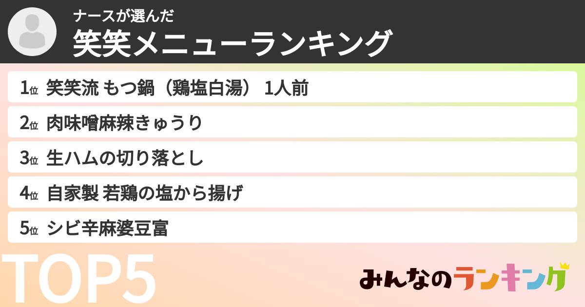 ナースさんの「笑笑メニューランキング」