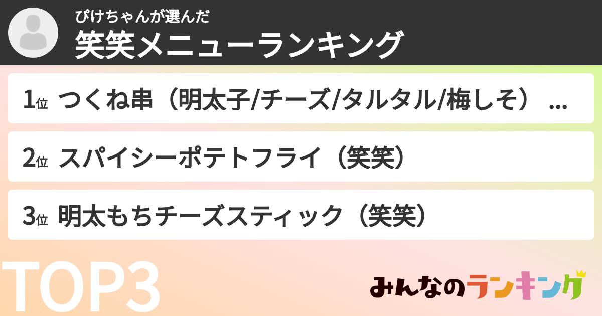 ぴけちゃんさんの「笑笑メニューランキング」