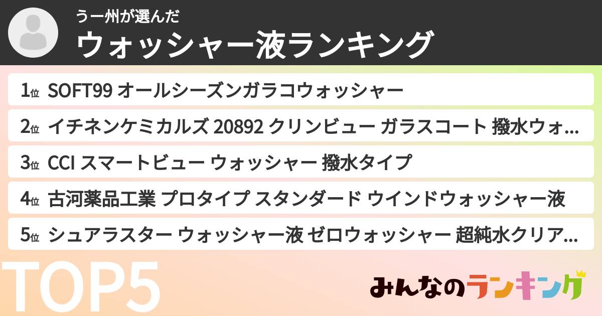 うー州さんの「ウォッシャー液ランキング」