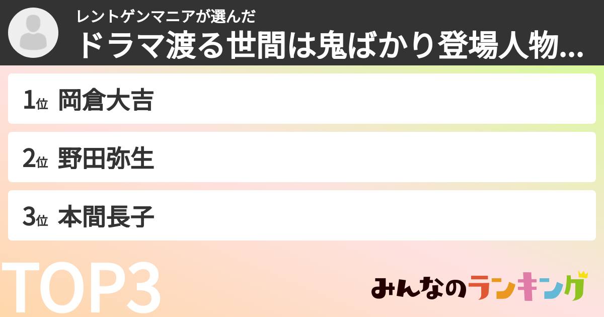 レントゲンマニアさんの「ドラマ渡る世間は鬼ばかり登場人物ランキング」