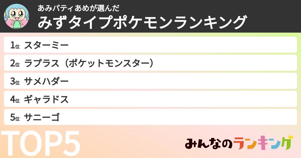 あみパティあめさんの「みずタイプポケモンランキング」