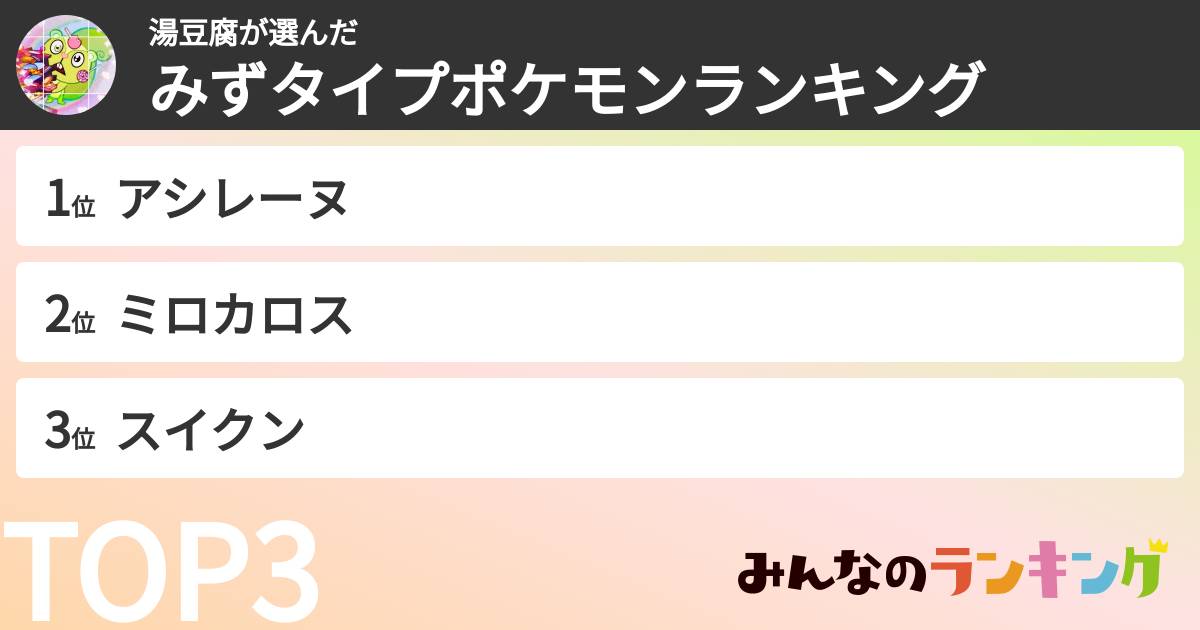 湯豆腐さんの「みずタイプポケモンランキング」