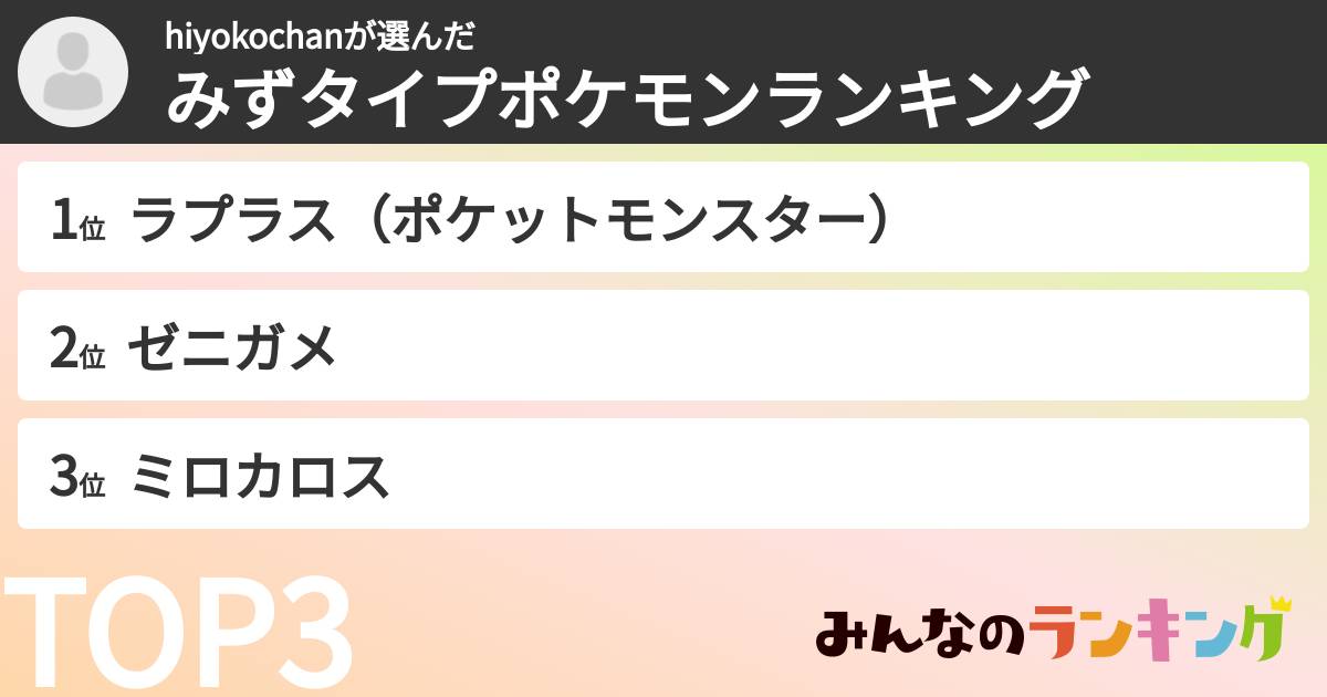 hiyokochanさんの「みずタイプポケモンランキング」