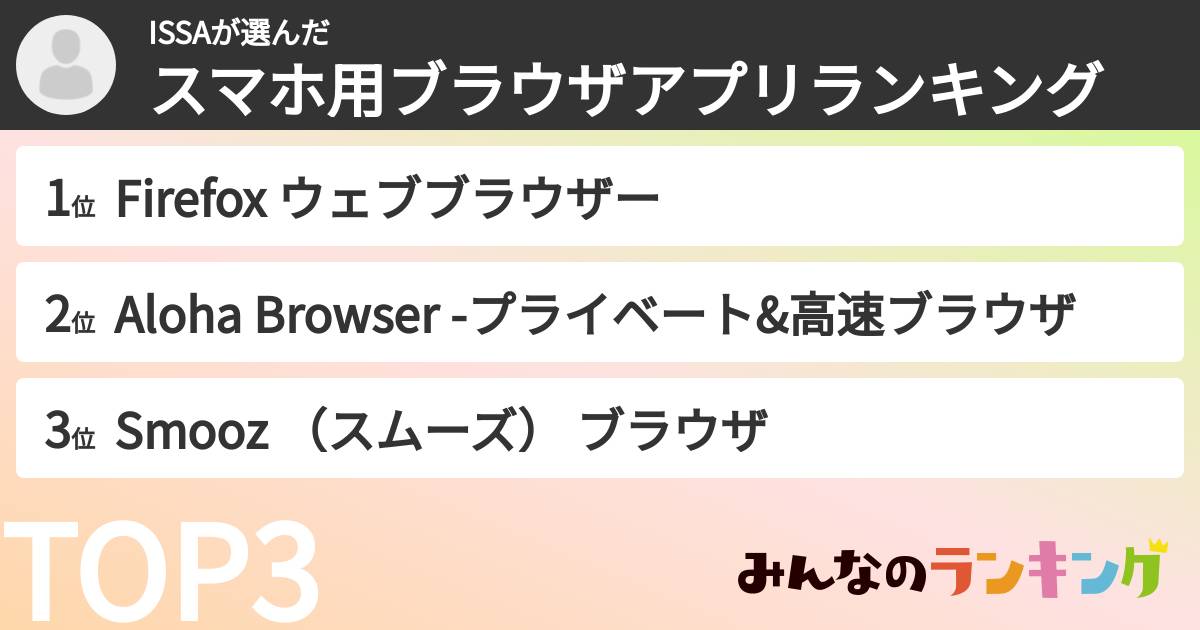 ISSAさんの「スマホ用ブラウザアプリランキング」