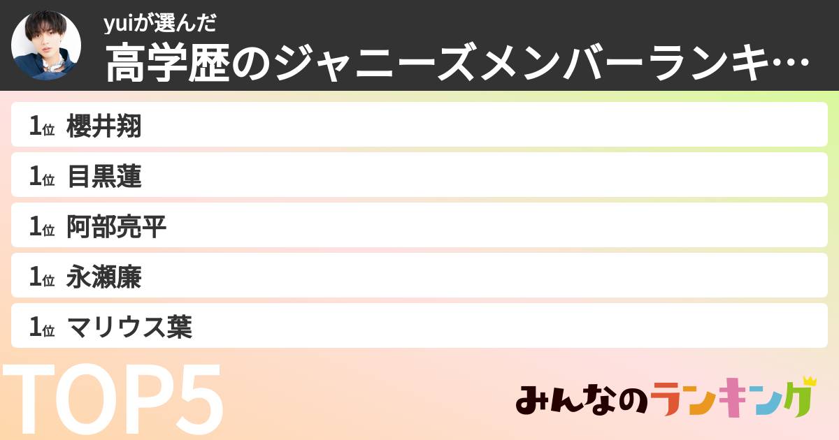 yuiさんの「高学歴のジャニーズメンバーランキング」