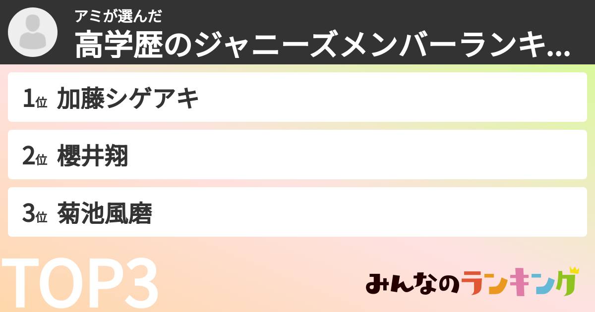 アミさんの「高学歴のジャニーズメンバーランキング」