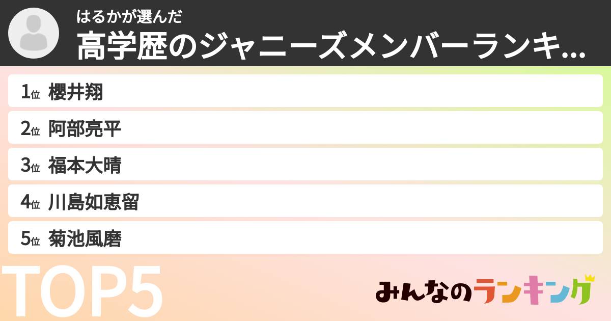 はるかさんの「高学歴のジャニーズメンバーランキング」
