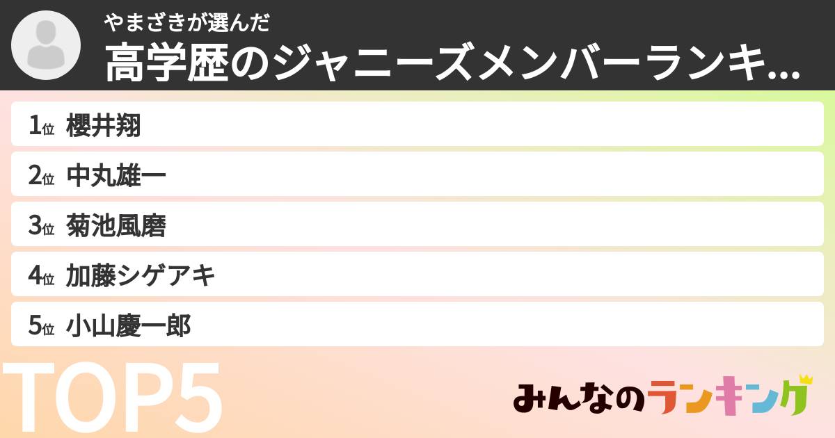 やまざきさんの「高学歴のジャニーズメンバーランキング」