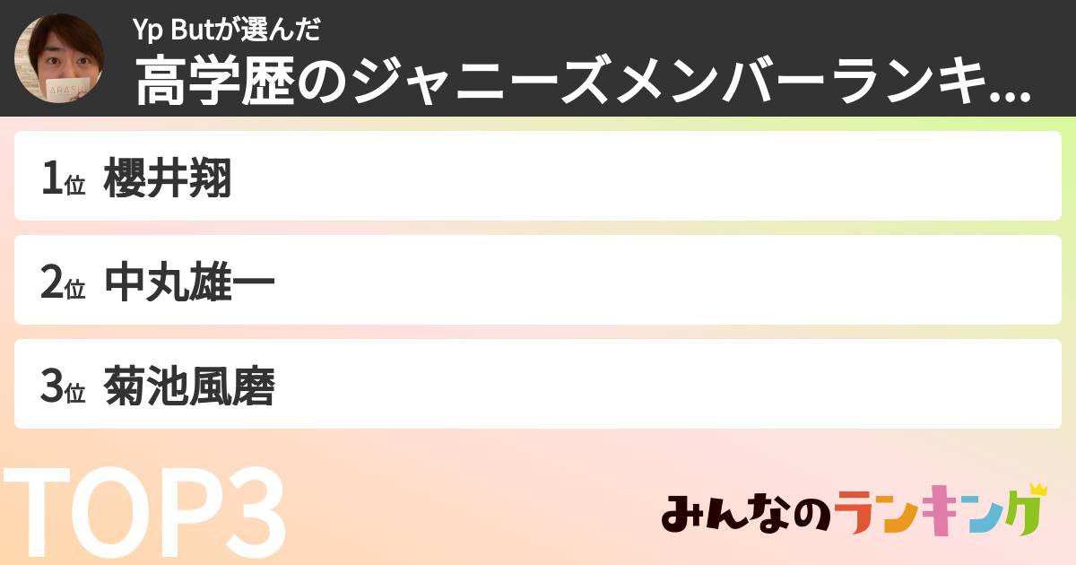 Yp Butさんの「高学歴のジャニーズメンバーランキング」
