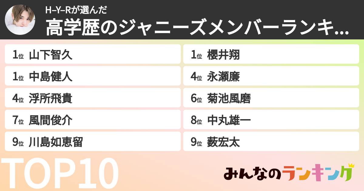 H–Y–Rさんの「高学歴のジャニーズメンバーランキング」