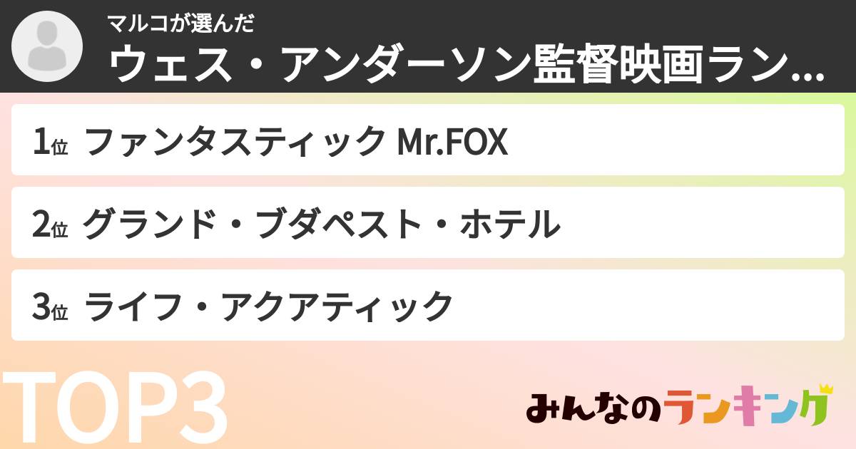 マルコさんの「ウェス・アンダーソン監督映画ランキング」