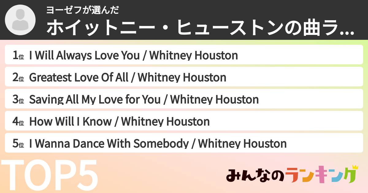 ヨーゼフさんの「ホイットニー・ヒューストンの曲ランキング」