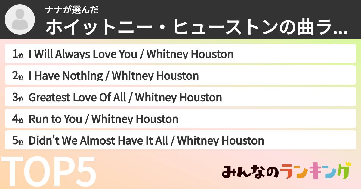 ナナさんの「ホイットニー・ヒューストンの曲ランキング」
