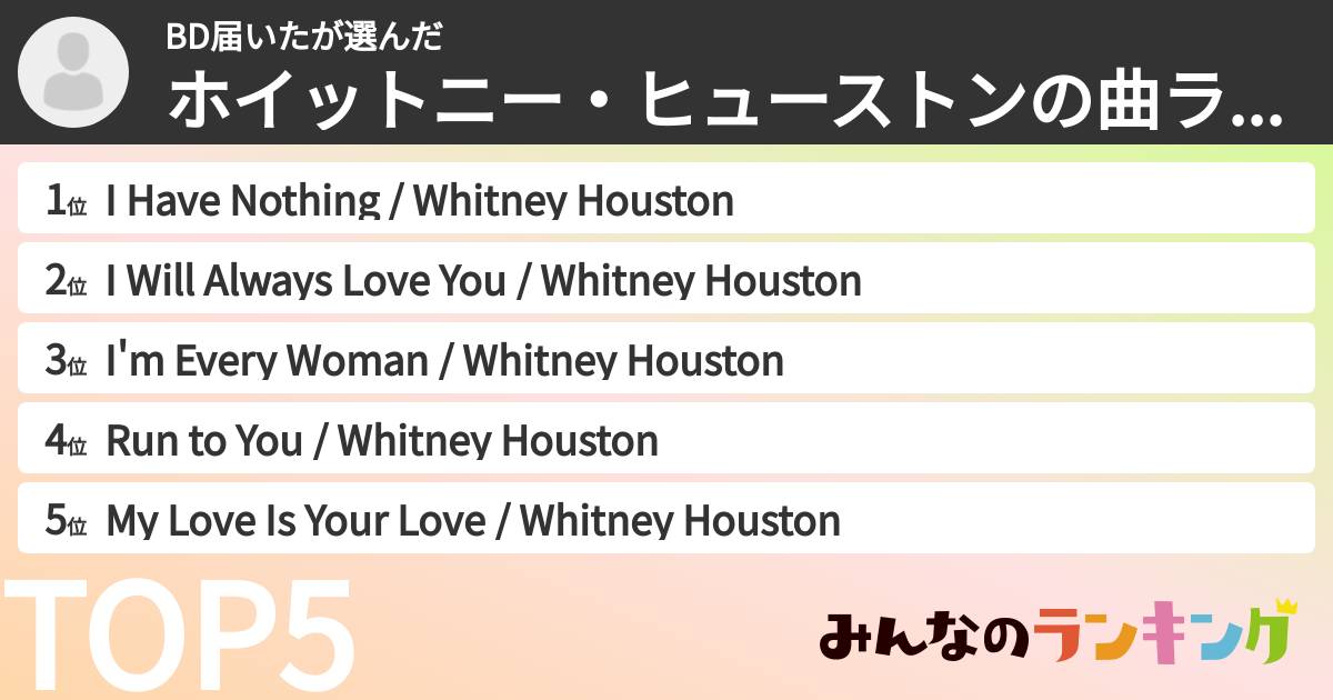 BD届いたさんの「ホイットニー・ヒューストンの曲ランキング」