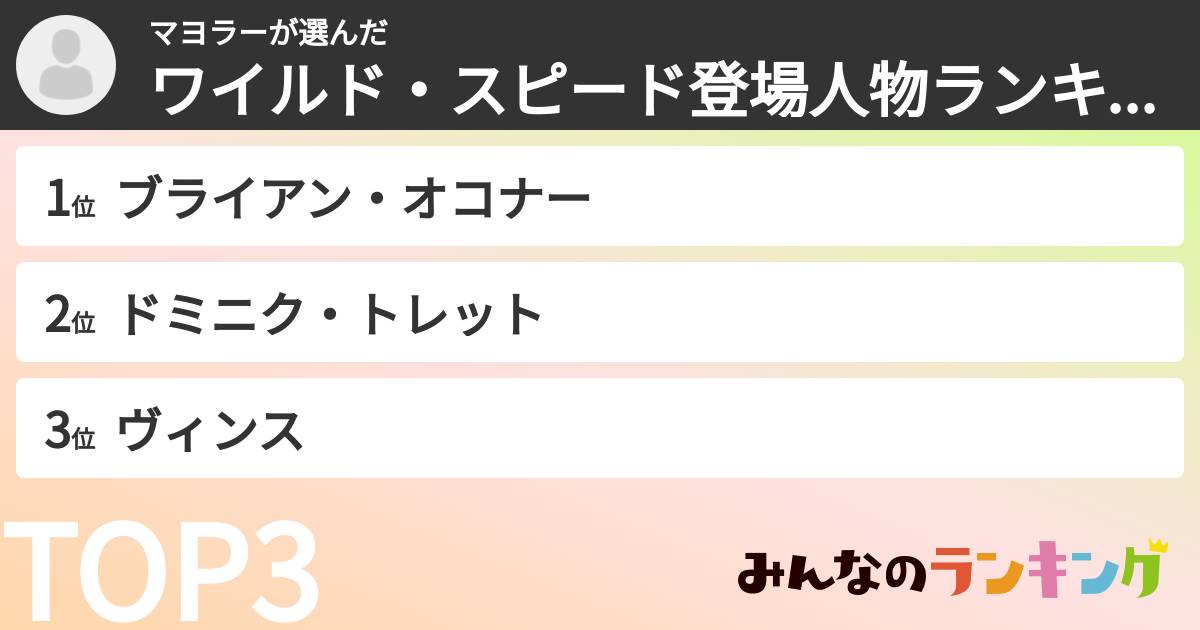 マヨラーさんの「ワイルド・スピード登場人物ランキング」
