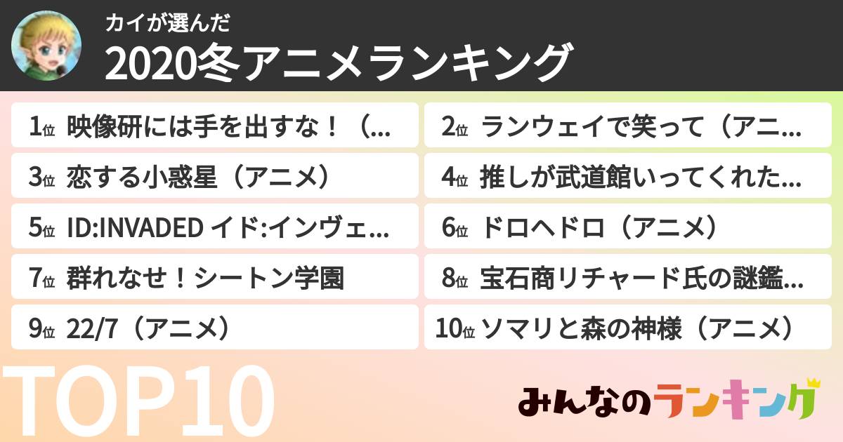カイさんの「2020冬アニメランキング」