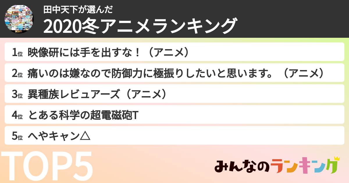 田中天下さんの「2020冬アニメランキング」