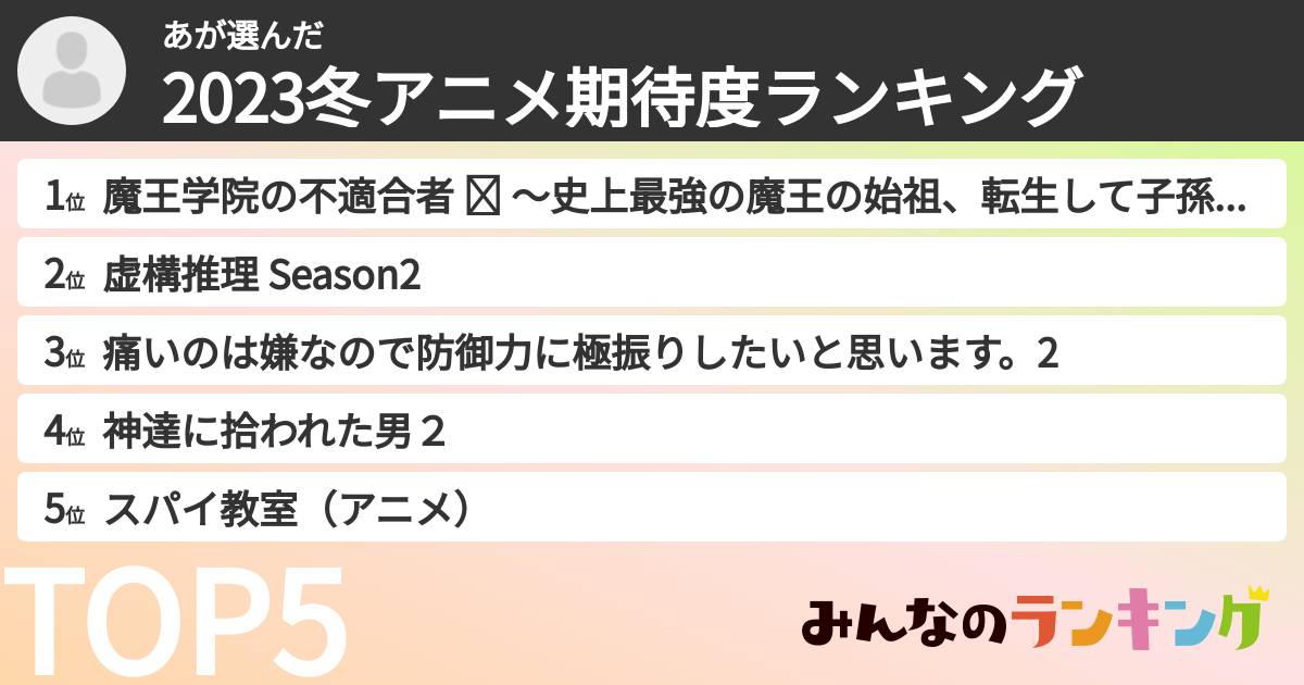 あさんの「2023冬アニメ期待度ランキング」