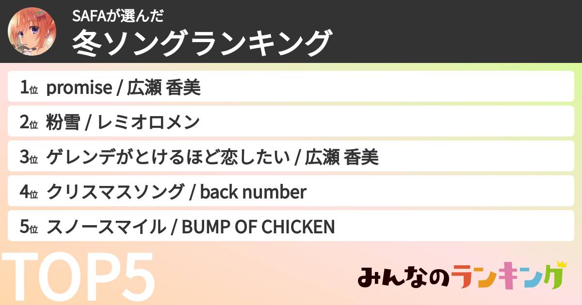 SAFAさんの「冬ソングランキング」