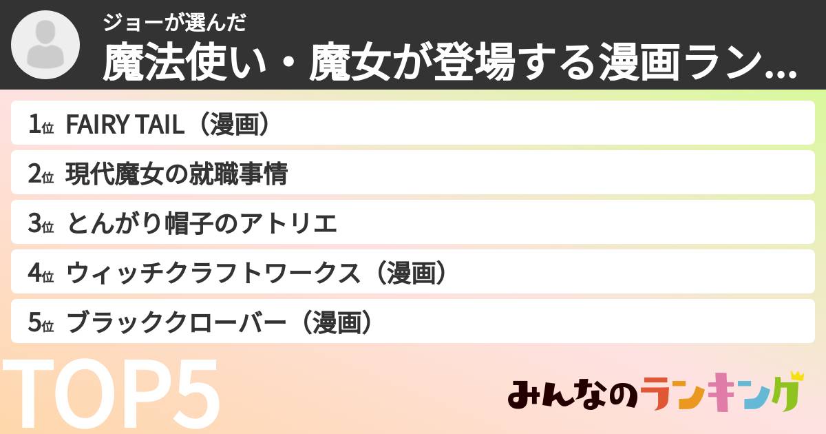 ジョーさんの「魔法使い・魔女が登場する漫画ランキング」