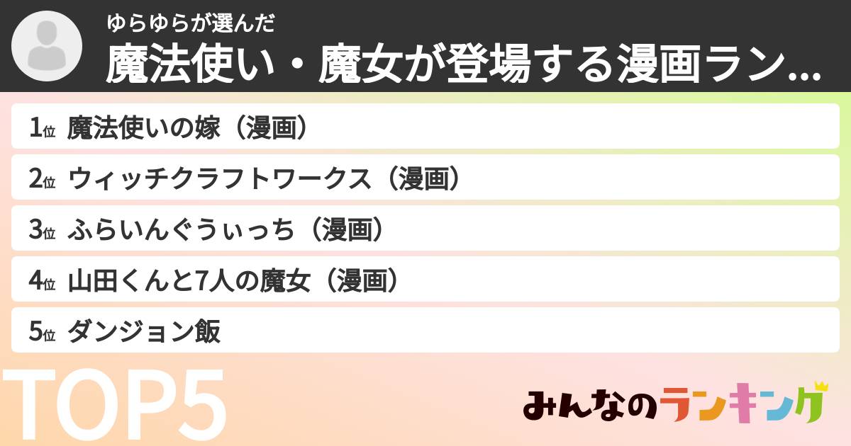 ゆらゆらさんの「魔法使い・魔女が登場する漫画ランキング」