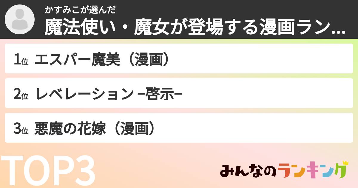 かすみこさんの「魔法使い・魔女が登場する漫画ランキング」