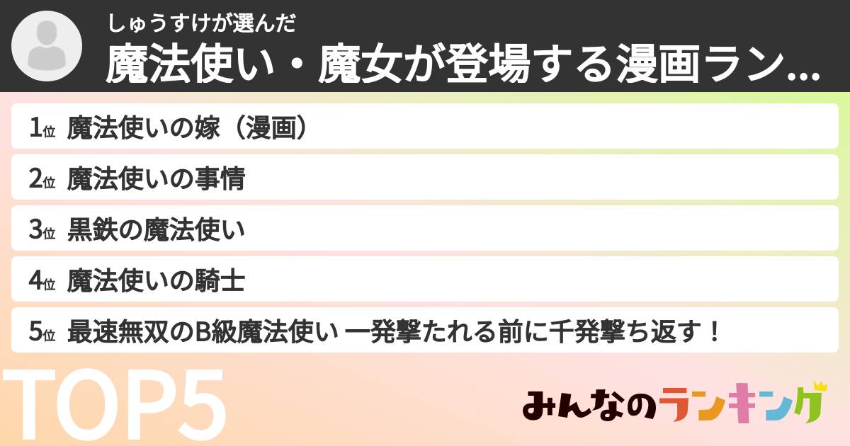 しゅうすけさんの「魔法使い・魔女が登場する漫画ランキング」
