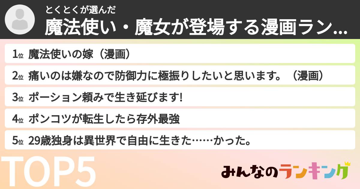 とくとくさんの「魔法使い・魔女が登場する漫画ランキング」