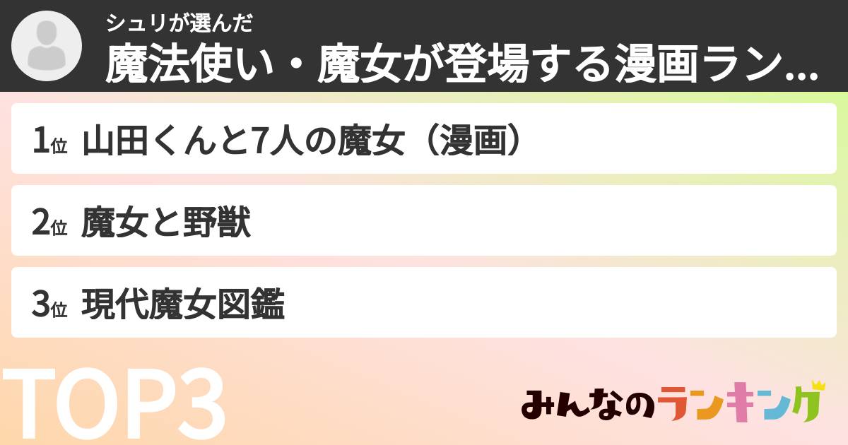 シュリさんの「魔法使い・魔女が登場する漫画ランキング」