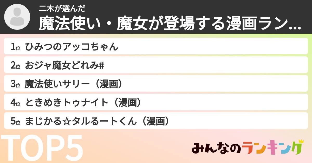 二木さんの「魔法使い・魔女が登場する漫画ランキング」