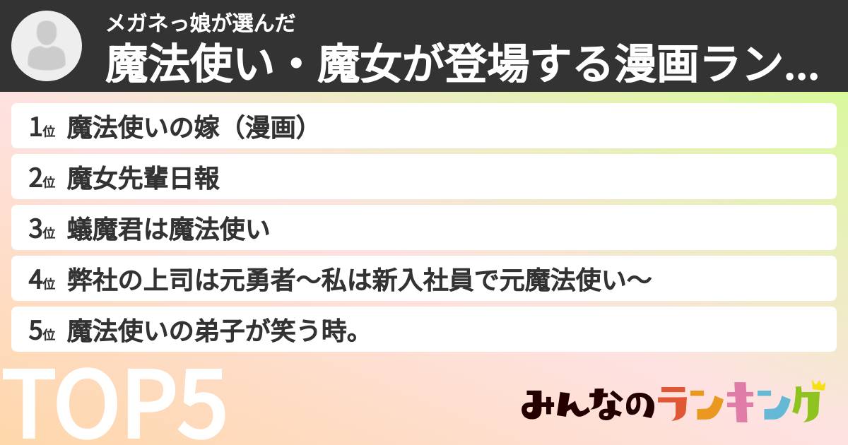 メガネっ娘さんの「魔法使い・魔女が登場する漫画ランキング」