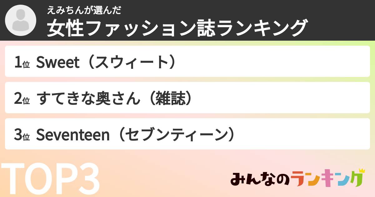えみちんさんの「女性ファッション誌ランキング」