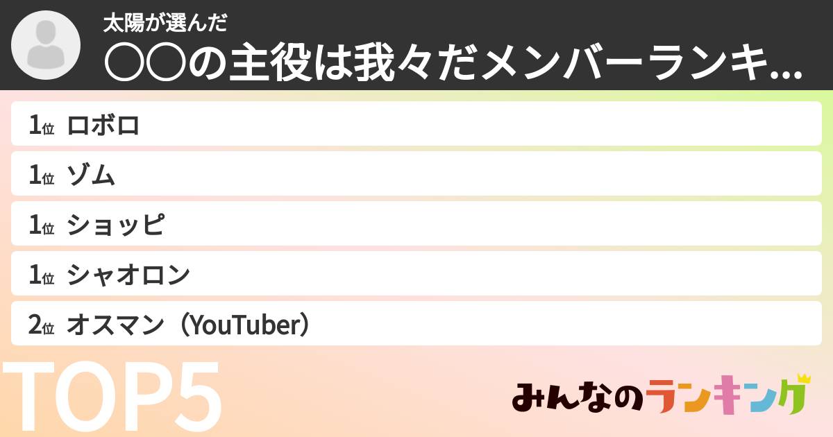 太陽さんの「○○の主役は我々だメンバーランキング」