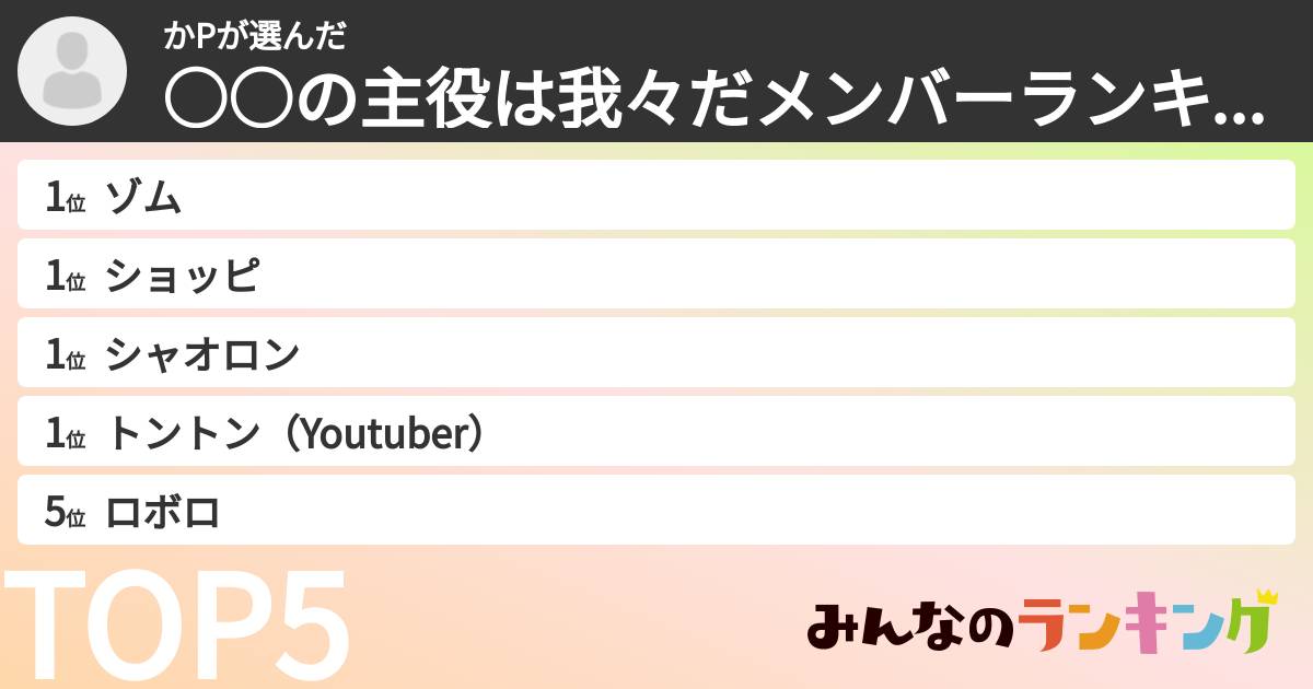 かPさんの「○○の主役は我々だメンバーランキング」