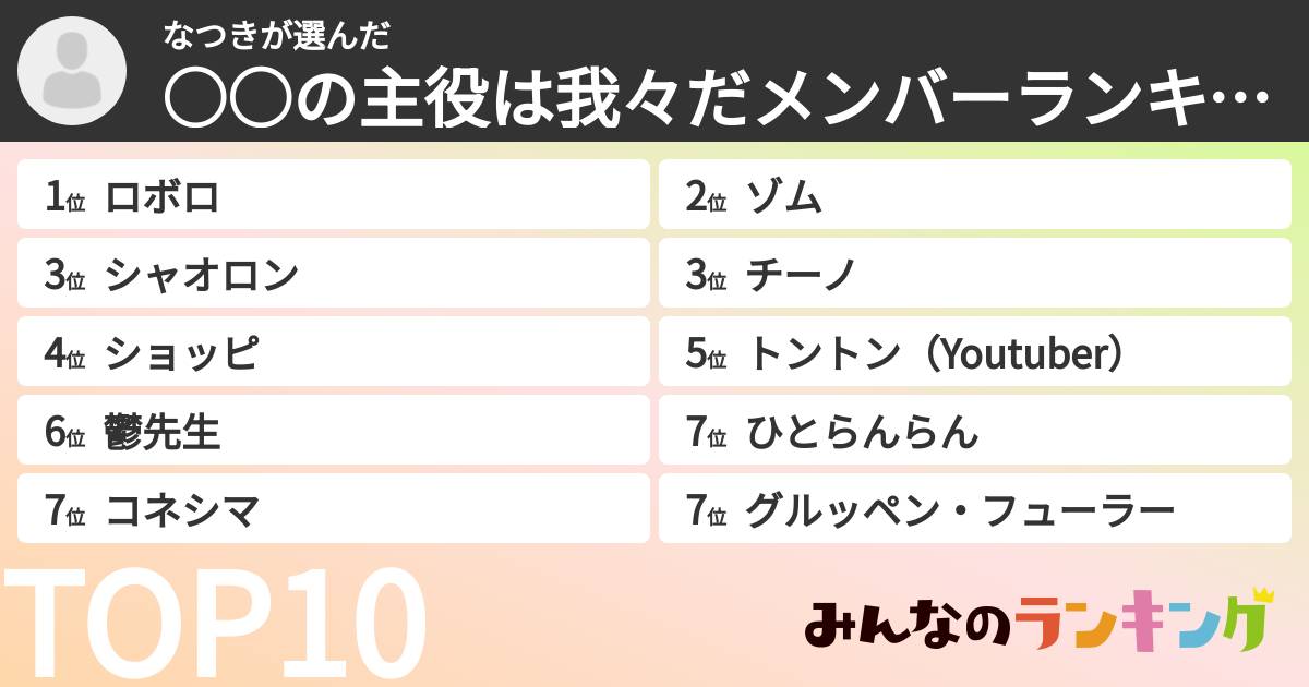 なつきさんの「○○の主役は我々だメンバーランキング」