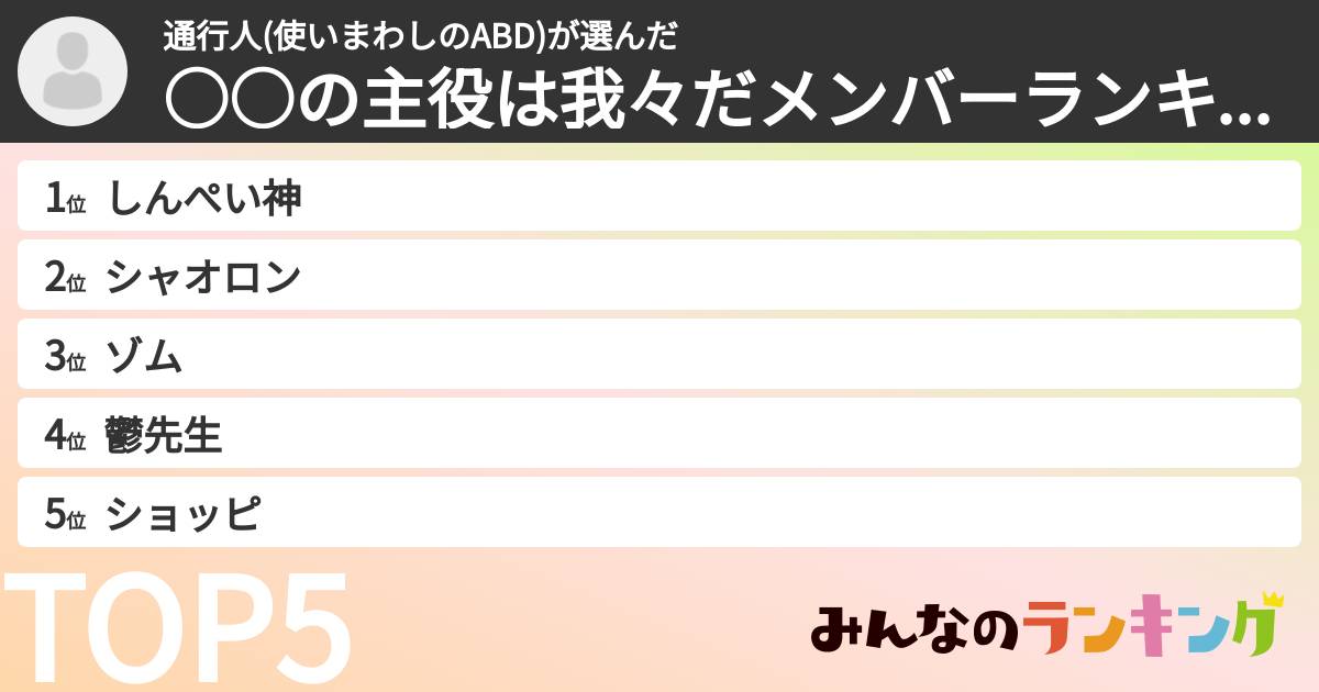 通行人(使いまわしのABD)さんの「○○の主役は我々だメンバーランキング」