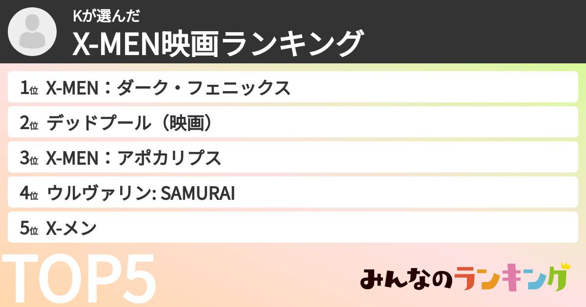 Kさんの「X-MEN映画ランキング」