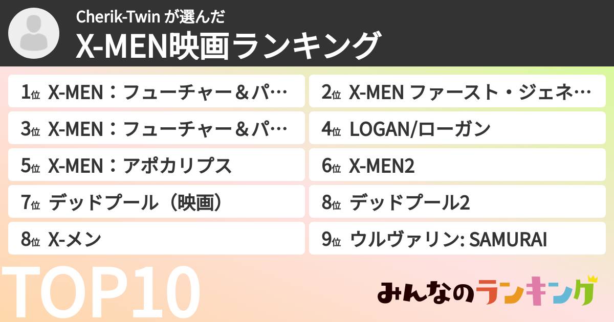 Cherik-Twin さんの「X-MEN映画ランキング」