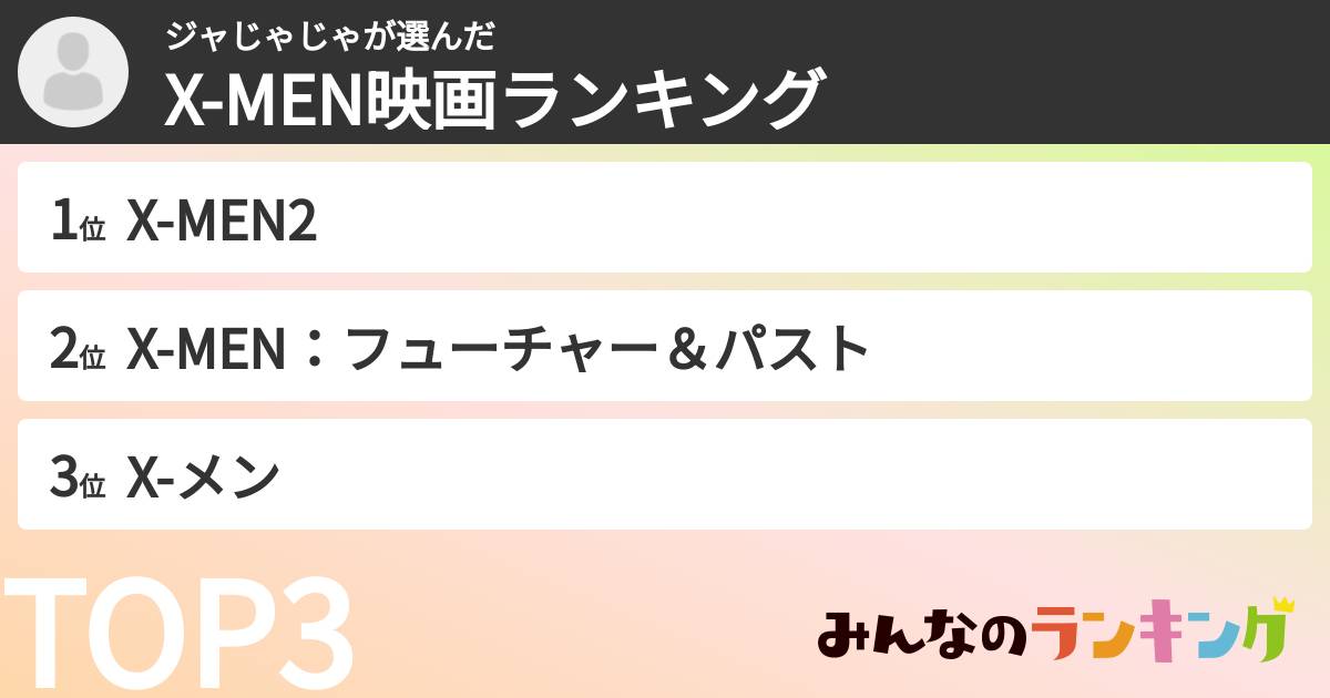 ジャじゃじゃさんの「X-MEN映画ランキング」