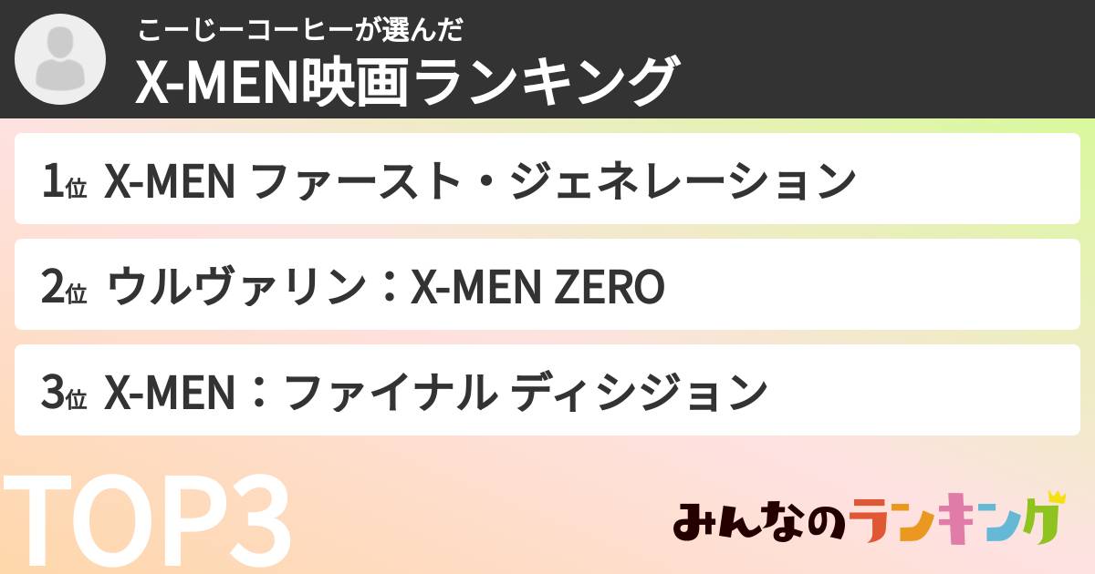 こーじーコーヒーさんの「X-MEN映画ランキング」