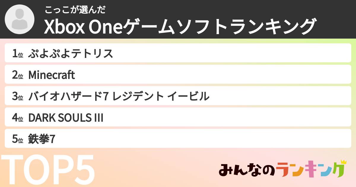 こっこさんの「Xbox Oneゲームソフトランキング」