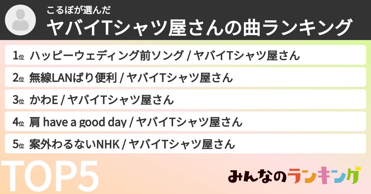 こるぼさんの「ヤバイTシャツ屋さんの曲ランキング」