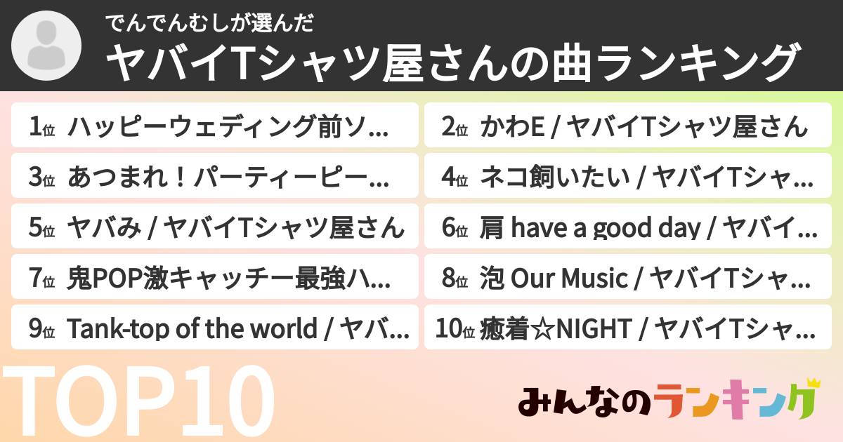 でんでんむしさんの「ヤバイTシャツ屋さんの曲ランキング」