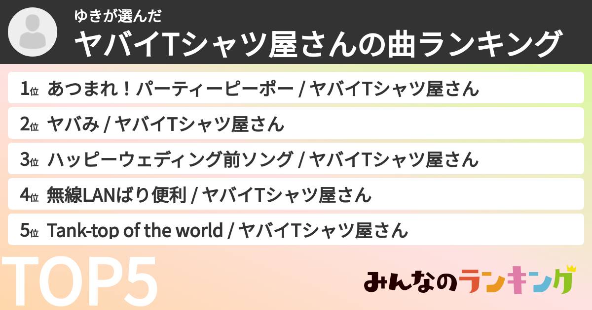 ゆきさんの「ヤバイTシャツ屋さんの曲ランキング」