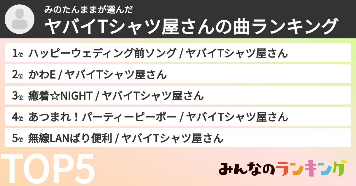 みのたんままさんの「ヤバイTシャツ屋さんの曲ランキング」