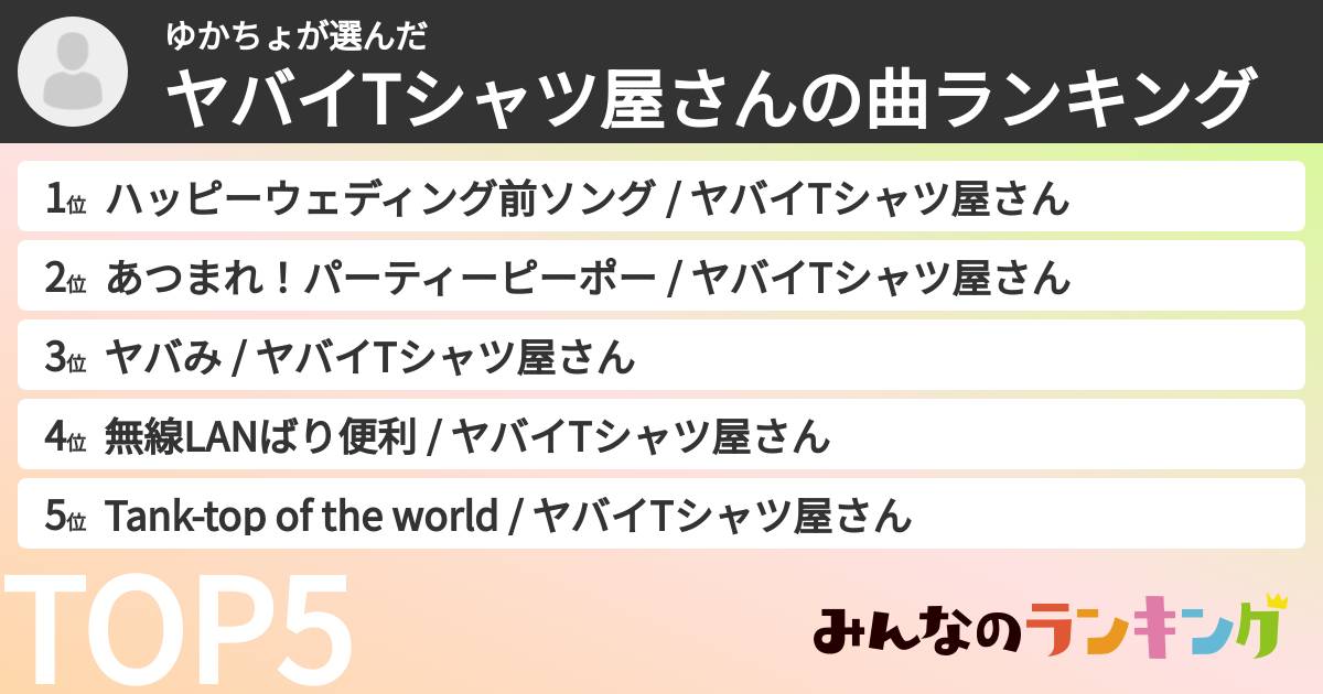 ゆかちょさんの「ヤバイTシャツ屋さんの曲ランキング」