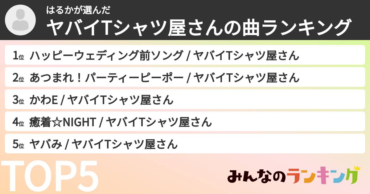 はるかさんの「ヤバイTシャツ屋さんの曲ランキング」