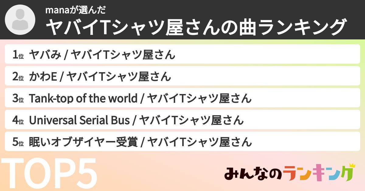 manaさんの「ヤバイTシャツ屋さんの曲ランキング」